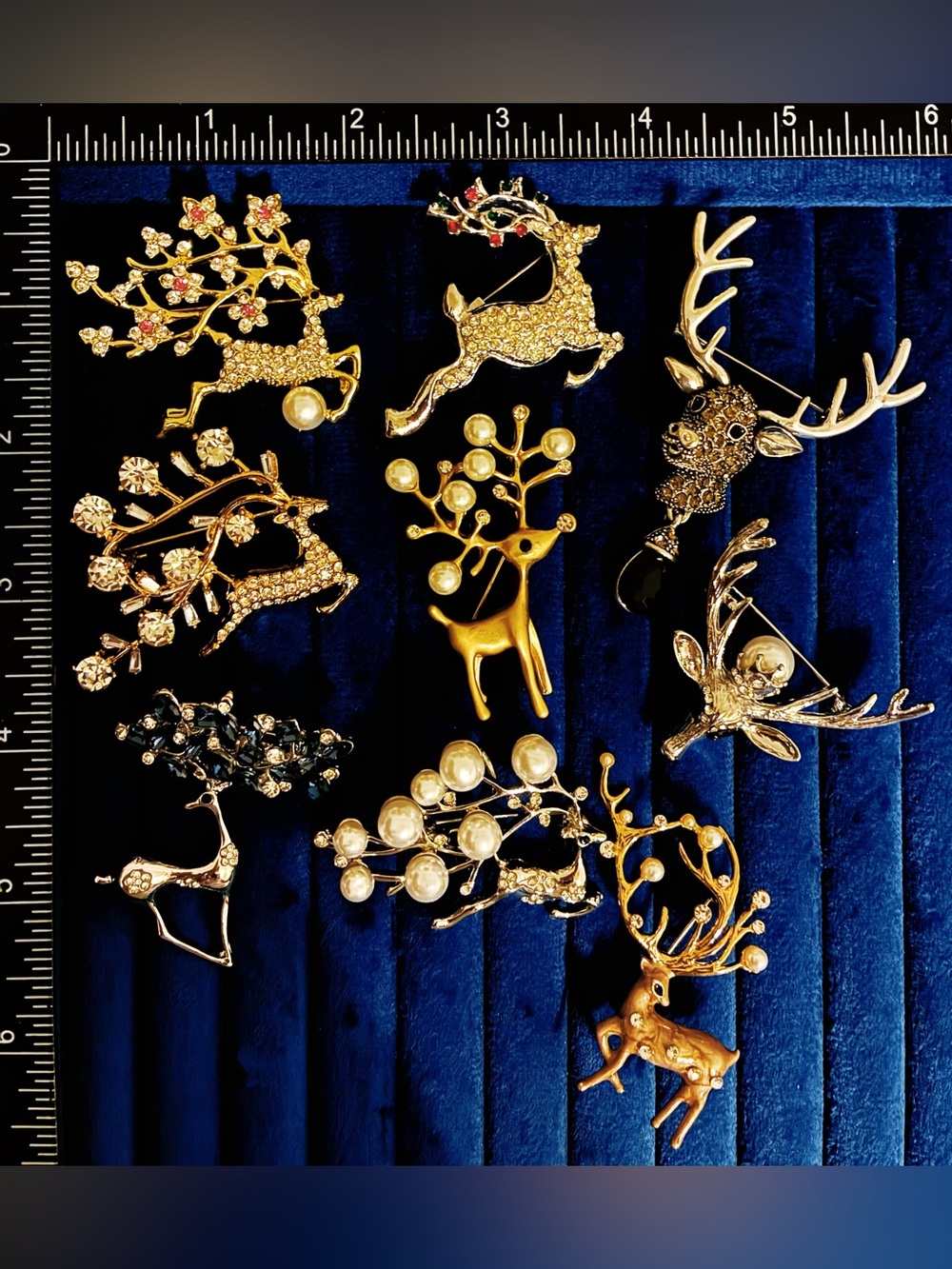 Lot of 9 Reindeer Brooch Pins Christmas Stag Deer Rhinestone Holiday Jewelry